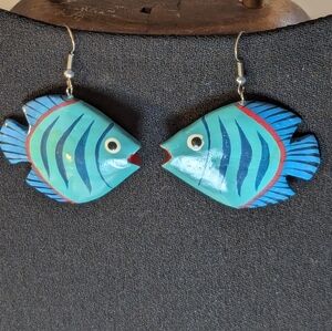 💙 Vintage Wooden Fish painted earrings turquoise blue boho kitchy trending